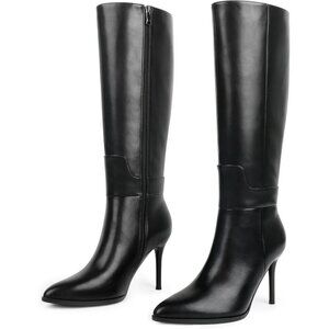 Women's Black Stiletto Knee High Closed Toe Long Boots Side Zipper Dress Boots